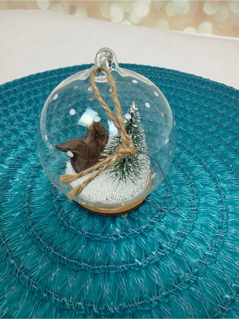 GLASS HANGING BAUBLE ORNAMENT WITH SQUIRREL AND TREE